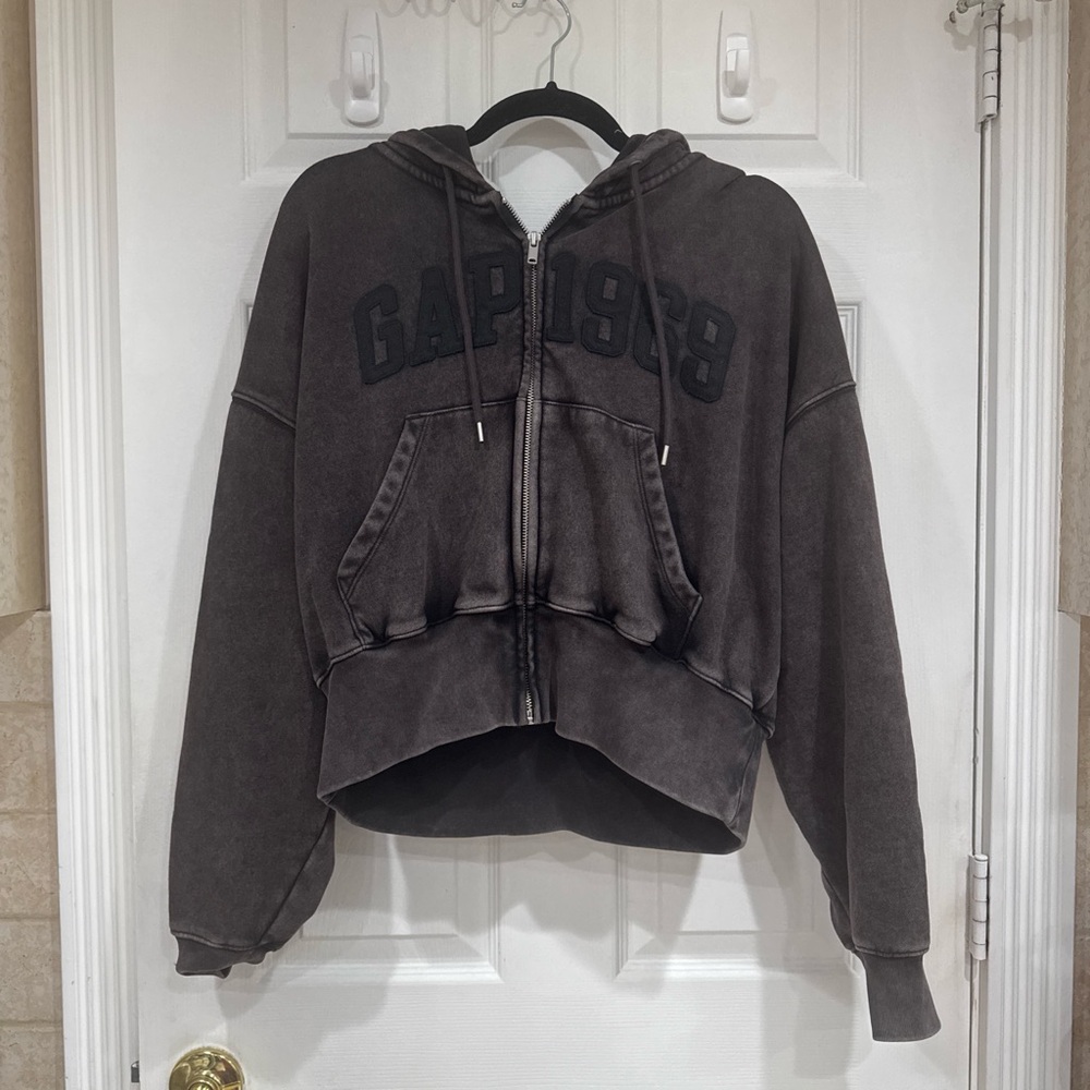 Gap Vintage Soft Full-Zip Wedge Hoodie Moonless Black Logo